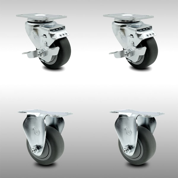 3.5 Inch SS Thermoplastic Rubber Wheel Top Plate Caster Set with 2 Brake 2 Rigid